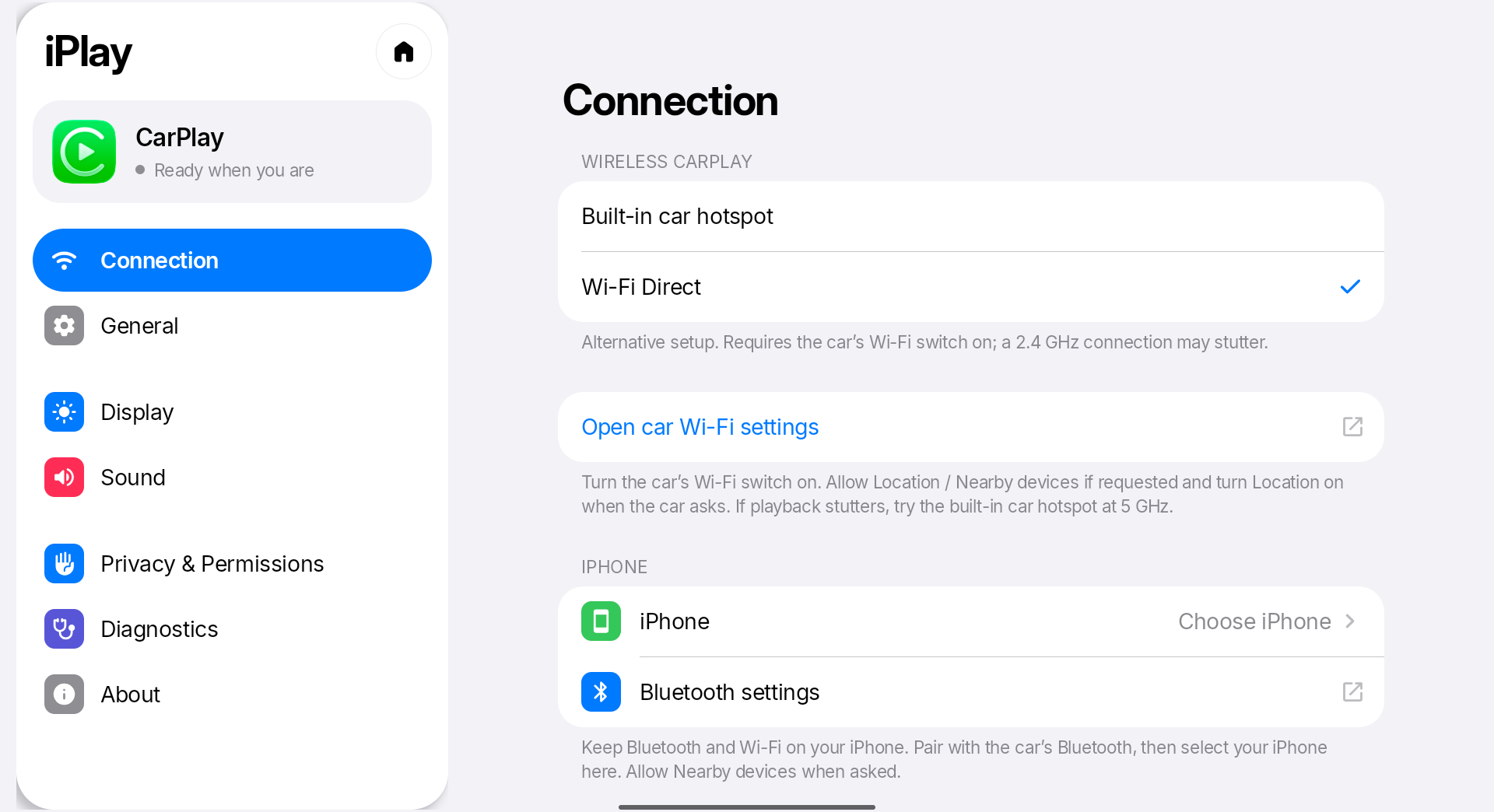Connection settings in light appearance