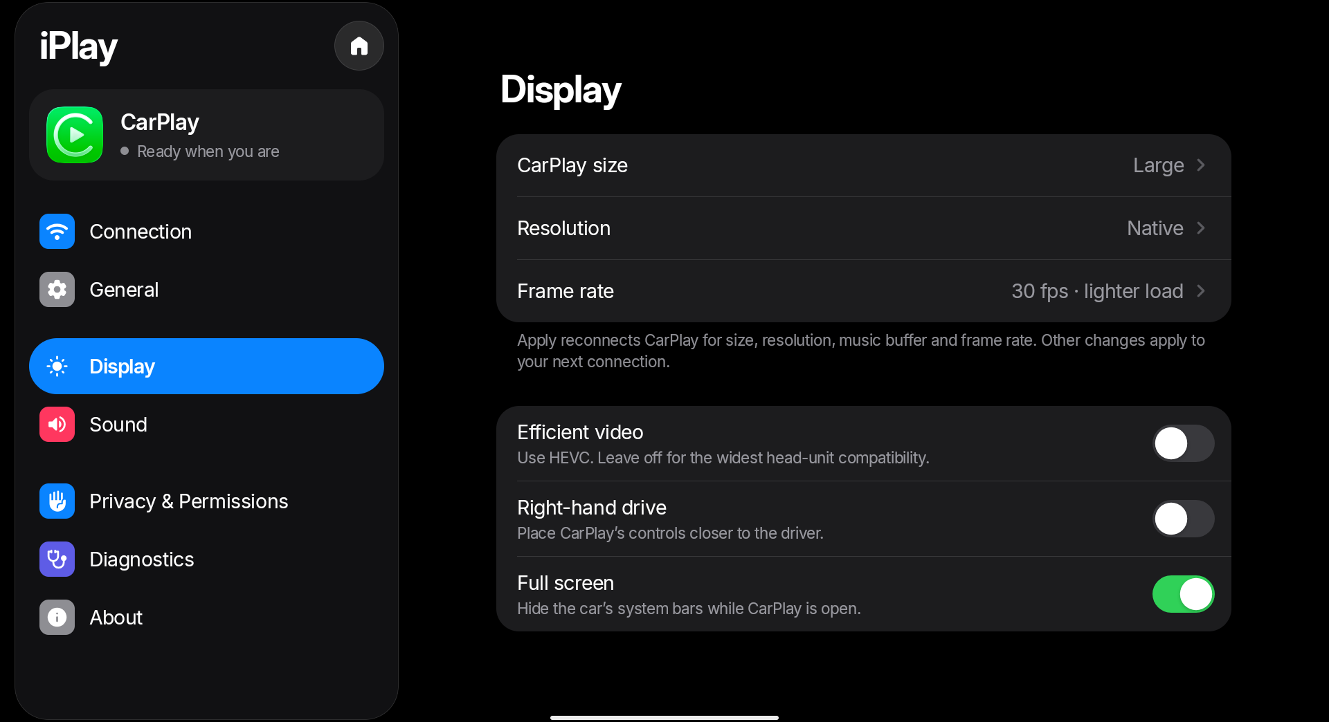 Display settings in dark appearance